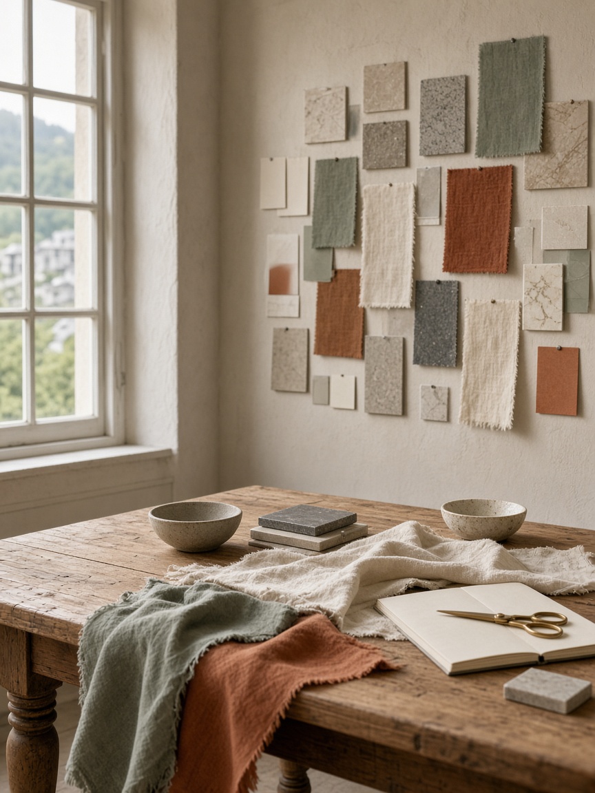 Atelier-Arbeitsplatz mit Stoffmustern, Farbfächern und Steinproben