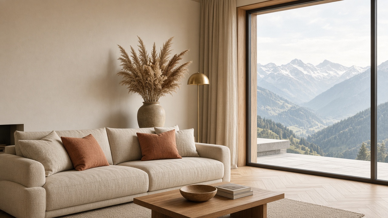 Wohnzimmer mit Leinensofa, Eichenboden und Blick ins Grüne — Inneneinrichtung von Homebella