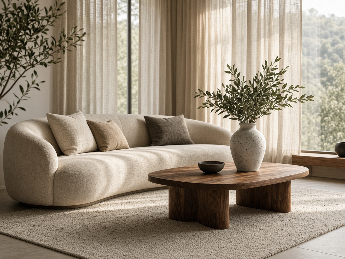 Wohnzimmer mit Sofa, Teppich und Olivenzweigen